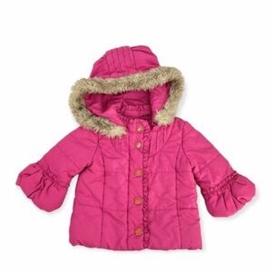 🍓✨Juicy Couture Girls Pink Hooded Puffer Coat with Faux Fur Trim